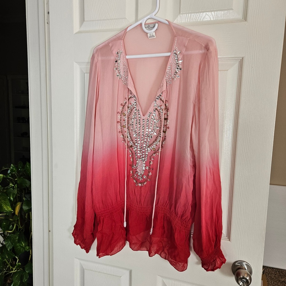 Ludi Pink Red Ombre Beaded Desert Boho Smocked Waist Long Sleeve Festival Top XL
